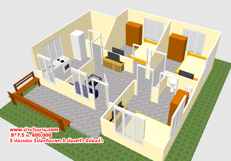 บ้านโมเดิร์นขนาด 8*7.5 ระเบียง 1.5*5 เมตร (3ห้องนอน 2ห้องน้ำ 1ห้องนั่งเล่น 1ห้องครัว)