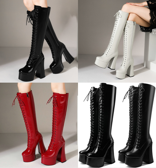 รองเท้าบูทยาวถึงน่องสีแดง/ดำ/ขาว ไซต์ 34-43