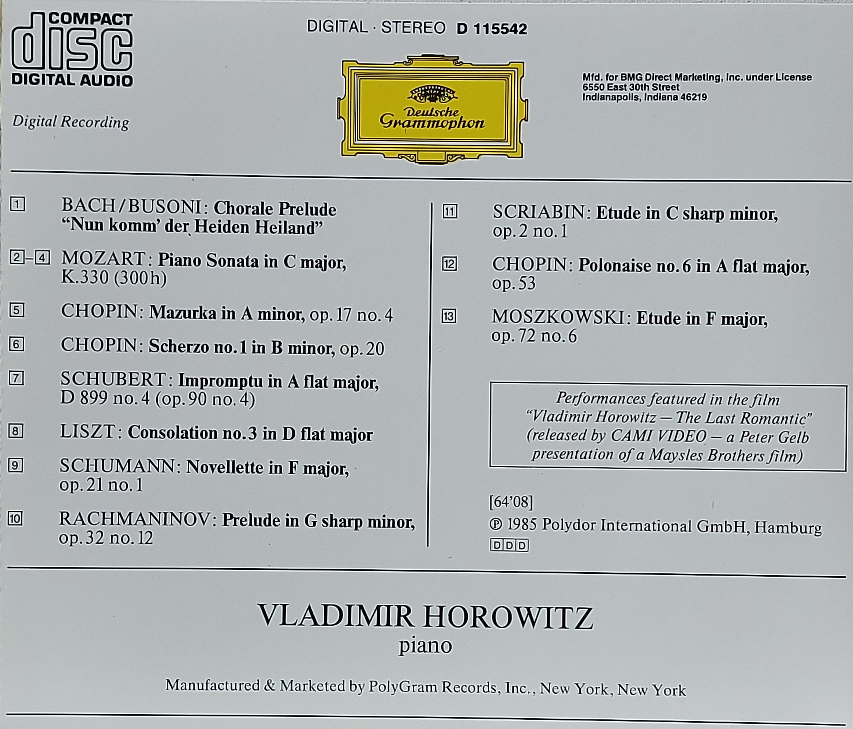 Used CD,Vladimir Horowitz Bach Chopin Liszt Mozart (A+)(Classical)(Piano)(instrumental)(1985)(USA)