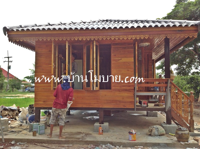 บ้านไม้สัก ขนาด 4*6 เมตร ประตูสไลด์ ทุกบาน (1 ห้องนอน 1 ห้องน้ำ 1 ห้องนั่งเล่น)