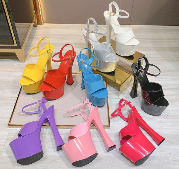 รองเท้าส้นสูง 7.2 นิ้วส้นหนาทรงรัดข้อ ไซต์ 34-43 สีดำ/แดง/ชมพูเข้ม/ชมพูอ่อน/เงิน/เหลือง/ฟ้า/ม่วง/ขาว