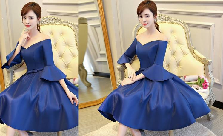 **หมดค่ะ**เดรสออกงานสุดหรู ผ้าไหมเนื้อดี เงาสวย สีน้ำเงิน ดีไซน์สวย เปิดไหล่ แขนยาวสี่ส่วน ปลายแขนระบาย คาดเอวด้วยผ้ารูปโบว์ กระโปรงทรงเอ สวยมากๆค่ะ