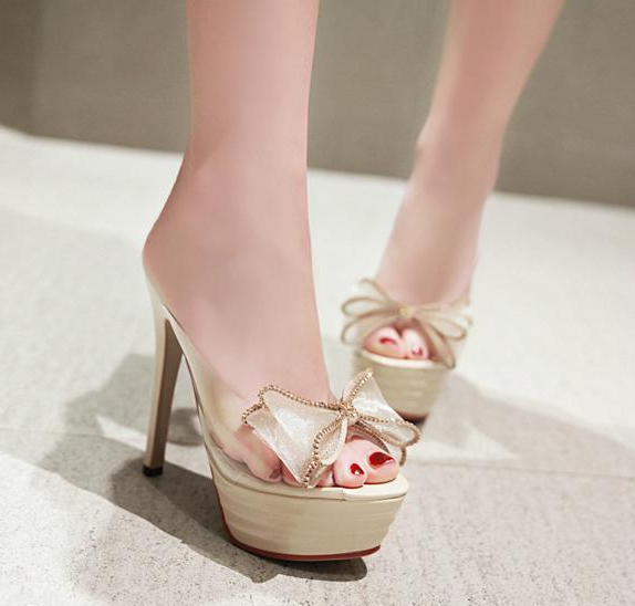 รองเท้าส้นสูงแบบสวมแต่งโบว์กรอบคริสตัล ไซต์ 34-43 สีดำ/ขาว/เงิน/นู๊ด