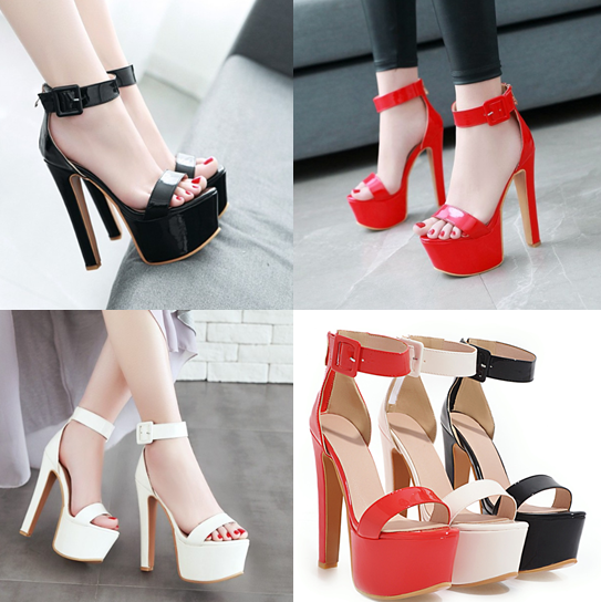 รองเท้าส้นสูงหนังแก้วสีแดง/ดำ/ขาว ไซต์ 34-43
