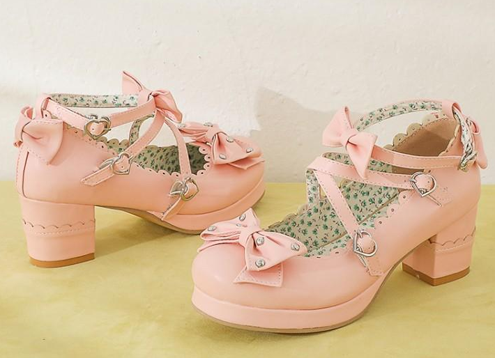 รองเท้าส้นสูงน่ารักๆส้นหนา ไซต์ 34-43 สีดำ/ขาว/ครีม/ชมพู/เขียว