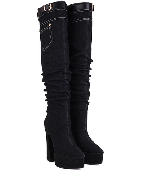 รองเท้าบูทยีนส์ยาวเลยเข่า ไซส์ 34-43 สีดำ/ฟ้า/น้ำเงิน