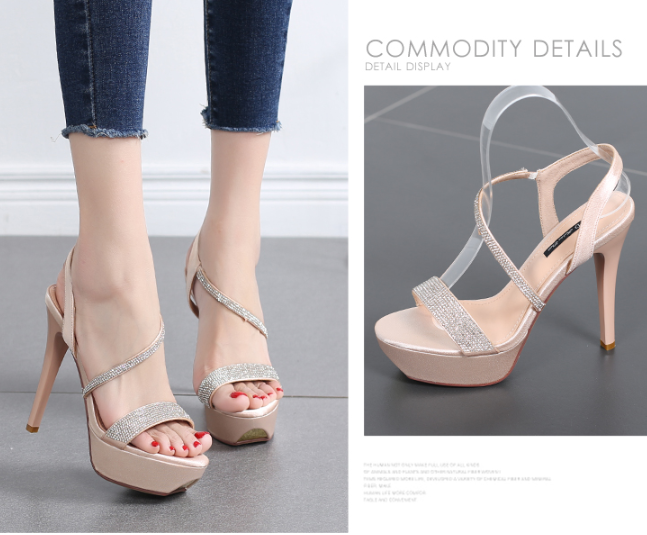 รองเท้าส้นสูงสายคาดแต่งคริสตัล ไซต์ 34-39 สีชมพู/เงิน/ดำ