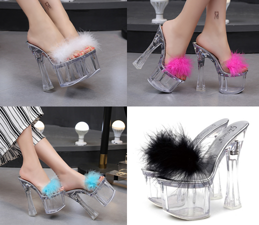 รองเท้าส้นแก้วแต่งขนฟรุ้งฟริ้งสีชมพู/ฟ้า/ขาว/ดำ ไซต์ 34-40