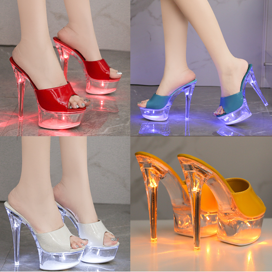 รองเท้าส้นแก้วแบบสวมมีไฟ ไซส์ 34-43 สีขาว/แดง/เหลือง/ฟ้า