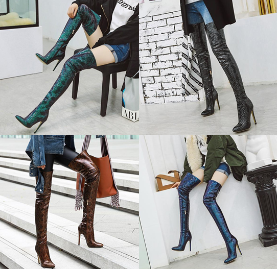 รองเท้าบูทยาวลายหนังงูหนังแก้วเงา ไซต์ 34-46 สีดำ/น้ำตาล/น้ำเงิน/เขียว