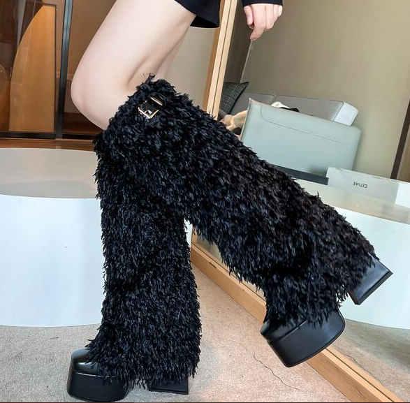 รองเท้าบูทส้นหนา ไซส์ 34-43 สีดำเรียบ/ดำขน/ขาวขน/น้ำเงินขน