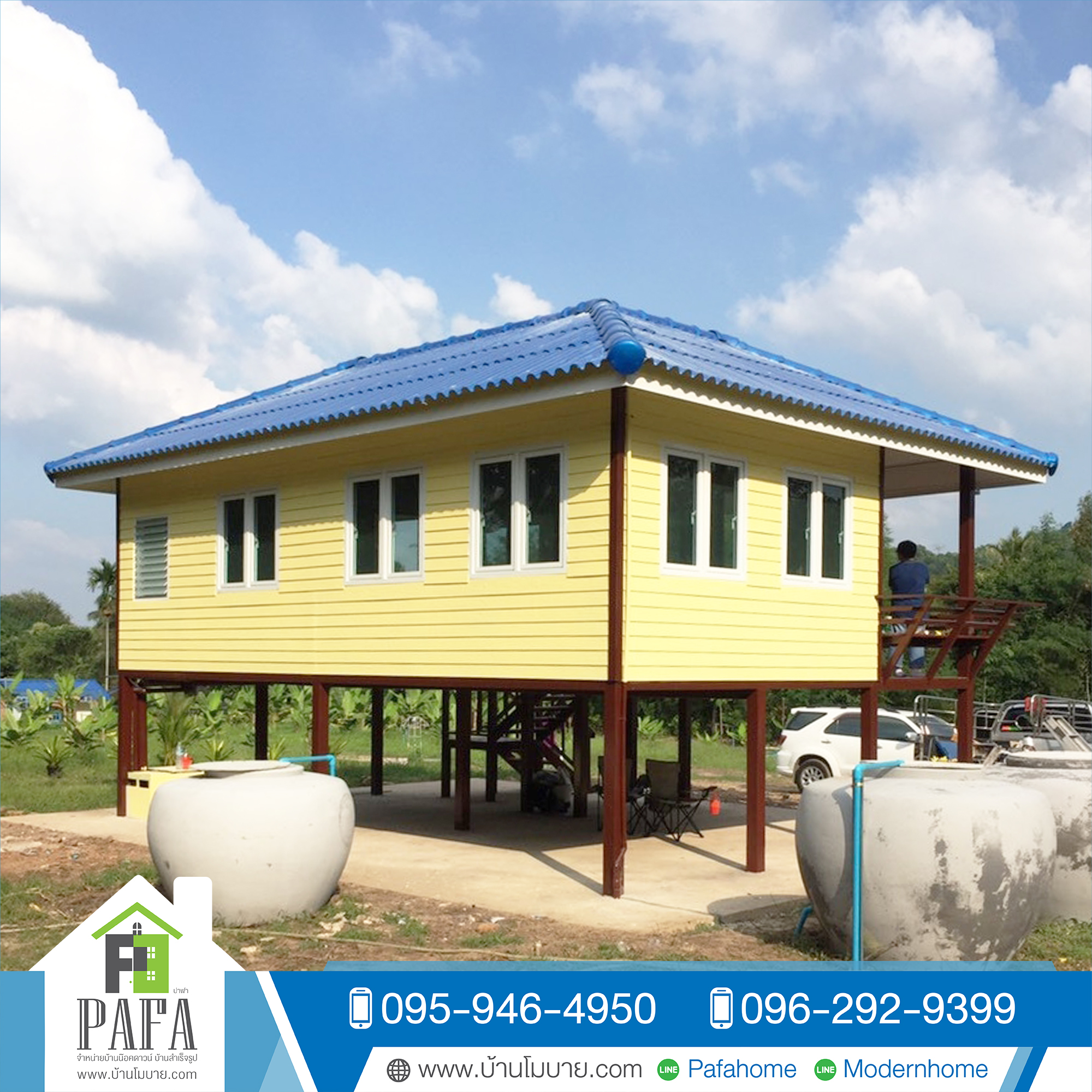 บ้านน็อคดาวน์ขนาด 4*8 เมตร พร้อมระเบียง 2*5 เมตร ยกสูง 1.8 เมตร