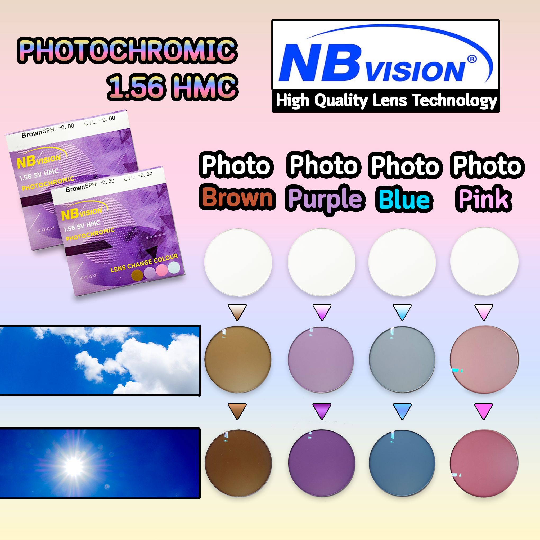 NBvision Lens 1.56 PHOTO Hmc Pink Brown Blue Purple SPH 0.00 ถึง -6.00 Cyl-0.25 ถึง-2.00