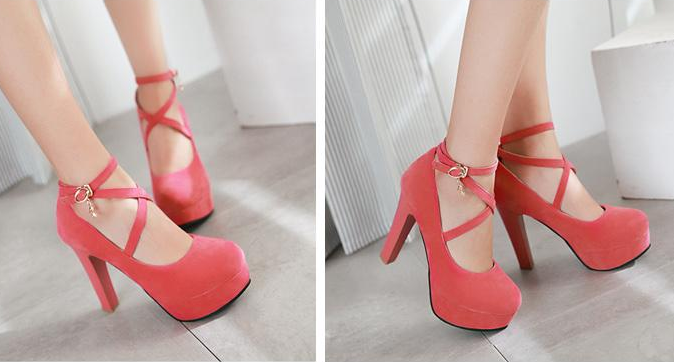 รองเท้าส้นสูงส้นหนาสายไขว้หน้า ไซต์ 34-43 สีดำ-ครีม/ชมพู/ส้ม/น้ำเงิน