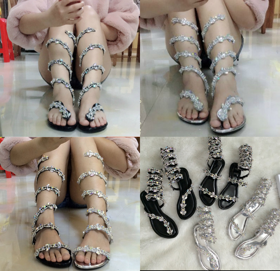 รองเท้าส้นเตี้ยสายพันรอบน่องสีเงิน/ดำ ไซต์ 34-42 มี 2 แบบ