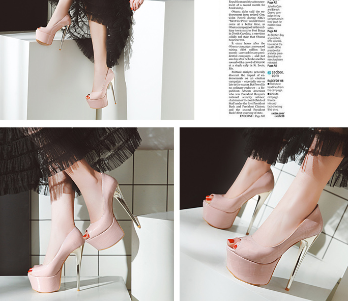รองเท้าคัดชูส้นสูงเปิดหน้าหนังลายสีเทา/ชมพู/ดำ/ขาว ไซต์ 34-43