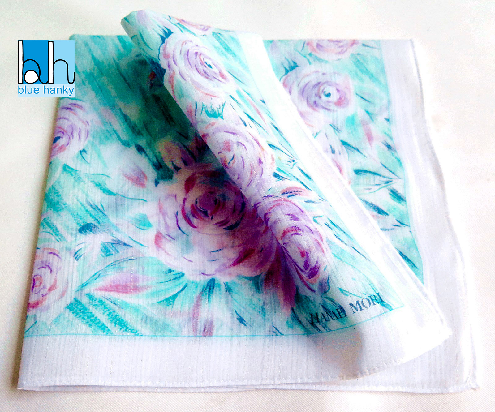 #174 19" HANAE MORI ผ้าเช็ดหน้ามือ2 สภาพดี ผ้าเช็ดหน้าผืนใหญ่