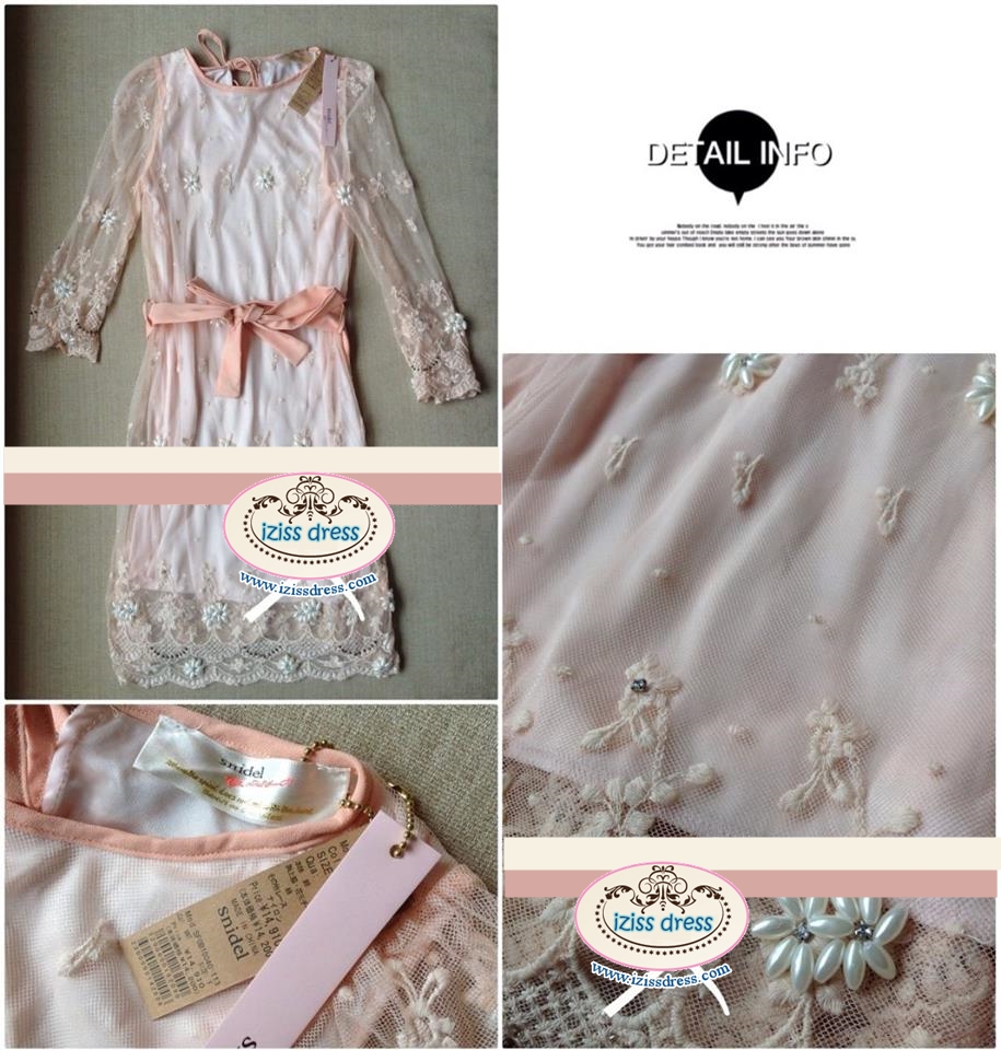 ***หมดค่ะ*** มินิเดรสลูกไม้ see-through สีพีช ดีเทลแต่งมุกดอกไม้ทั้งตัว