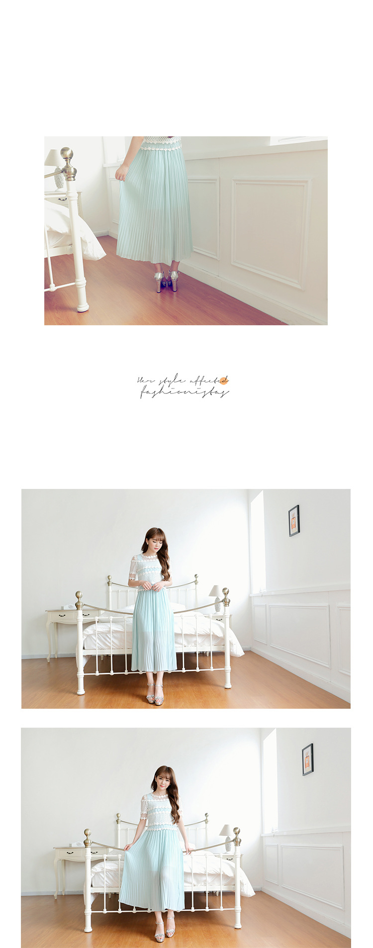 ***หมดค่ะ***เดรสยาวกระโปรงอัดพลีทสีฟ้าอ่อน พร้อมเสื้อลูกไม้แขนสั้น หวานมากๆค่ะ