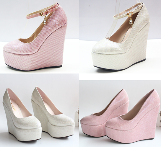 รองเท้าส้นเตารีดผ้ากริตเตอร์สีชมพู/เงิน ไซต์ 34-43 รุ่นมีสายรัดข้อและไม่มีสายรัด