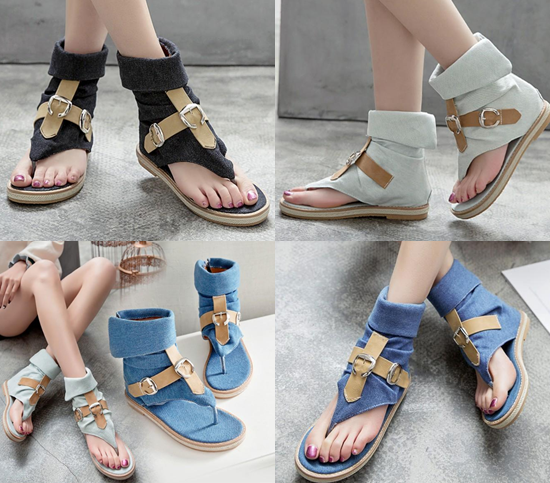 รองเท้าส้นเตี้ยผ้ายีนส์แบบเก๋สีดำ/ฟ้า/น้ำเงิน ไซต์ 34-43