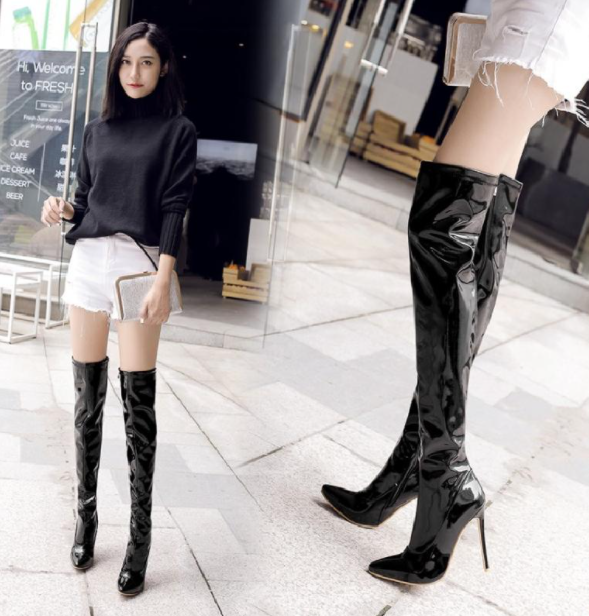 รองเท้าบูทส้นสูงยาวเลยเข่าหนังเงาสีแดง/ชมพู/ดำ/ขาว มี 4 นิ้ว ไซต์ 34-43