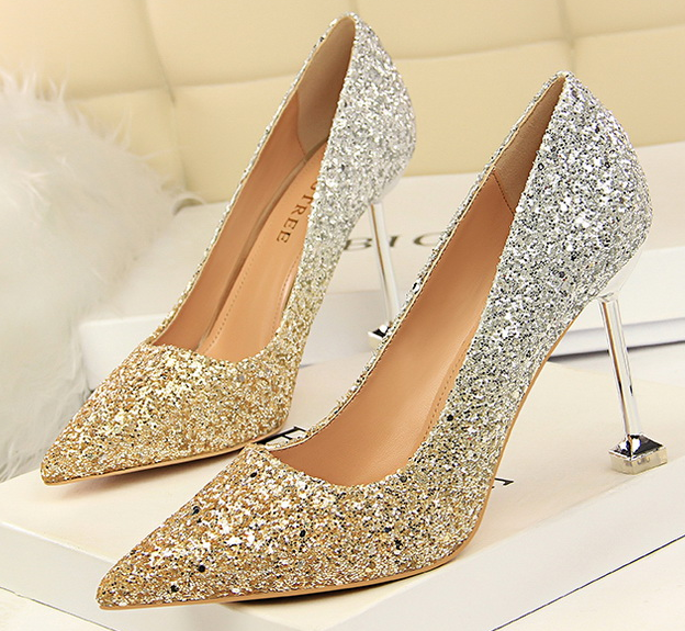 รองเท้าคัทชูส้นสูงงานกากเพชรทูโทน ไซต์ 34-40 สีชมทอง/ดำเงิน/ดำแชมเปน/ดำทอง/ทองเงิน/ทองขาว