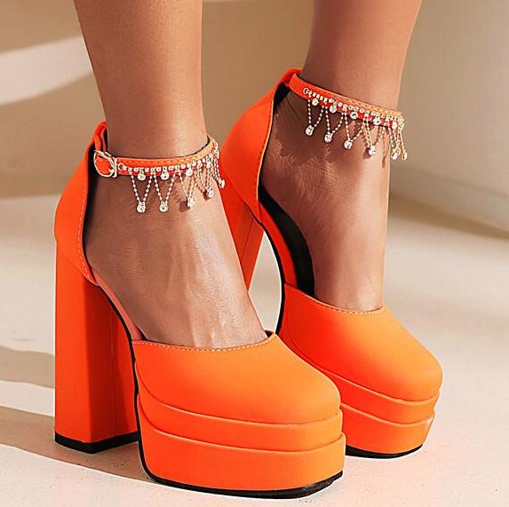 รองเท้าส้นสูงรัดข้อส้นหนา ไซส์ 34-46 สีดำ/แดง/ขาว/ชมพู/เหลือง/ส้ม