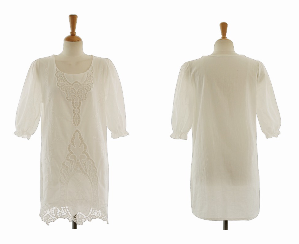 **พร้อมส่ง**เดรสผ้าฝ้ายสีขาวลูกไม้ แขนสามส่วน