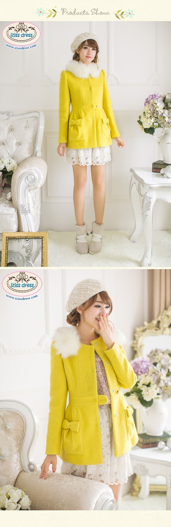 ***พร้อมส่งไซส์ S***เสื้อโค้ทกันหนาวสีเหลืองปกล้อมรอบด้วยขนเฟอร์ กระเป๋าติดโบว์ทั้ง 2 ข้าง ช่วงเอวติดมุขรูปดอกไม้ ผ่าหน้าติดกระดุมด้านใน สวยเหมือนแบบค่ะ