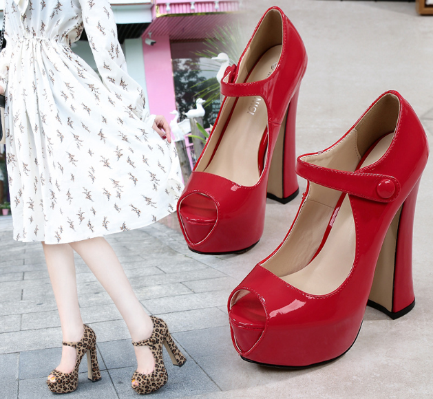 รองเท้าส้นสูงคัดชูเปิดหน้าส้นหนา ไซต์ 34-43 สีดำกำมะหยี่/ดำหนังเงา/แดงเงา/นู๊ดเงา/ลายเสือหนังกลับ