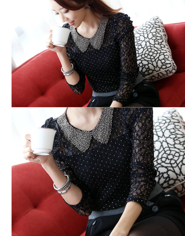 ***หมดค่ะ*** เสื้อผ้าลูกไม้สีดำ ตกแต่งปกเสื้อด้วยลูกปัดสีเงิน แขนยาวมีซับในสวยเหมือนแบบค่ะ