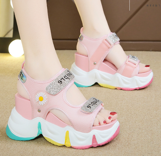 รองเท้าส้นเตารีดน่ารักๆสีชมพู/เขียว/ดำ/ขาว ไซต์ 34-39