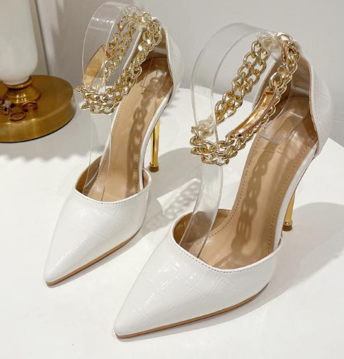 รองเท้าส้นสูงสายโซ่ทองรัดข้อ ไซส์ 35-40 สีดำ/ขาว
