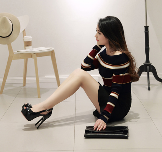 รองเท้าส้นสูงทรงเปิดหน้าสีดำ/ขาว/ชมพู/เหลือง/นู๊ด ไซต์ 34-39