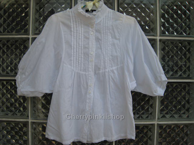 (หมดแล้วจ้า!!) เสื้อแฟชั่นสีขาว แขนพอง ผ้า cotton คอจีนติดระบายเล็กๆ น่ารัก