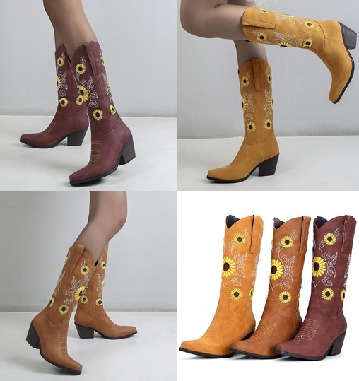 รองเท้าบูทคาวบอยปักลาย ไซต์ 34-43 สีน้ำตาลอ่อน/น้ำตาลเข้ม/แดง