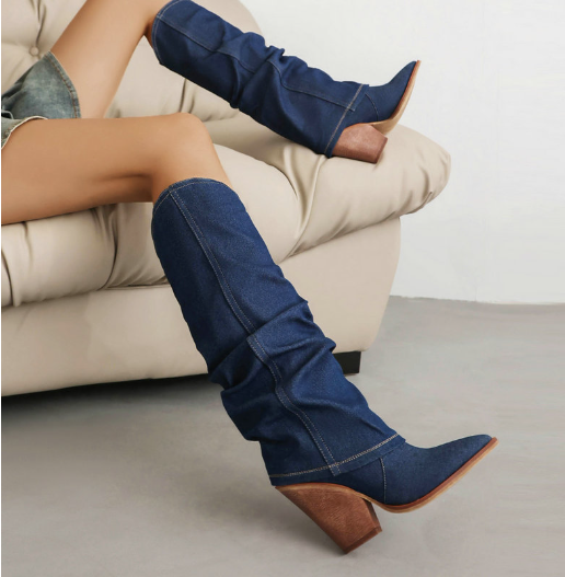 รองเท้าบูทคาวบอยผ้ายีนส์ ไซส์ 34-43 สีดำ/ฟ้า/น้ำเงิน