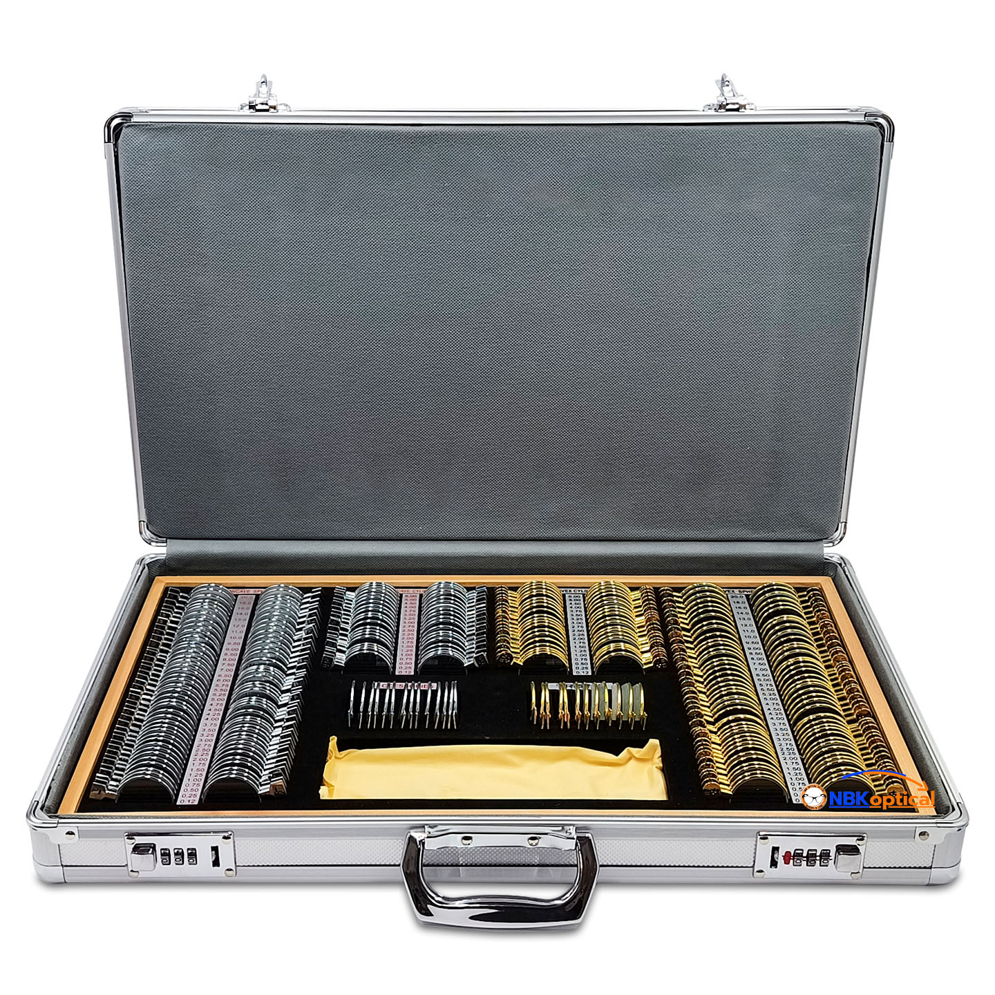 ชุดเลนส์ทดลอง 266 JSG พร้อม เคสอลูมิเนียม ใน กำมะหยี่ ขอบ โลหะสีทอง และ สีเงิน เลนส์กระจกใส พรีเมี่ยม