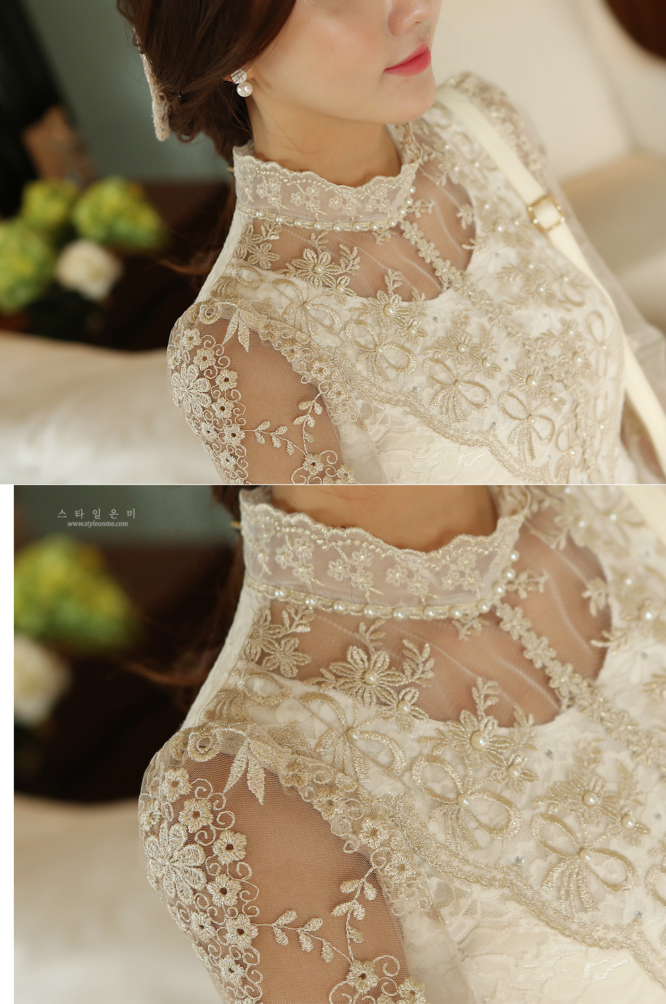 ***พร้อมส่ง***เสื้อลูกไม้แขนยาวผ้าตาข่ายครีม ปักดิ้นทอง หรูหรามากๆค่ะ