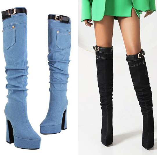 รองเท้าบูทยีนส์ยาวเลยเข่า ไซส์ 34-43 สีดำ/ฟ้า/น้ำเงิน