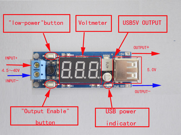 XL4015 Step down module voltmeter + 5v 2a usb charger power supply input 4.5v-40v output 5V 2A