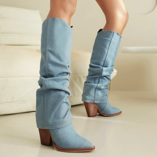 รองเท้าบูทคาวบอยผ้ายีนส์ ไซส์ 34-43 สีดำ/ฟ้า/น้ำเงิน