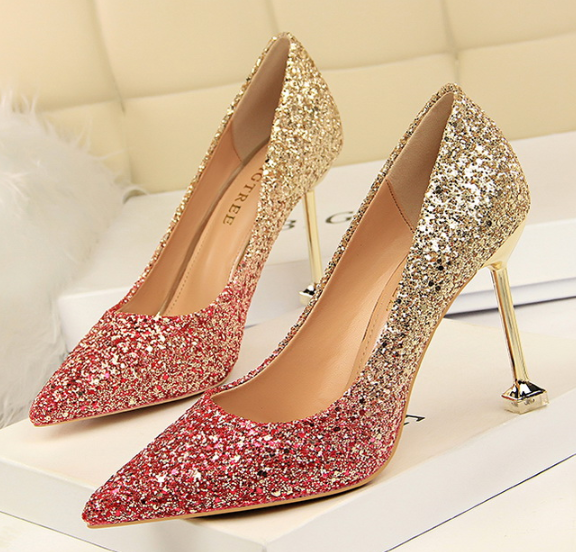 รองเท้าคัทชูส้นสูงงานกากเพชรทูโทน ไซต์ 34-40 สีชมทอง/ดำเงิน/ดำแชมเปน/ดำทอง/ทองเงิน/ทองขาว
