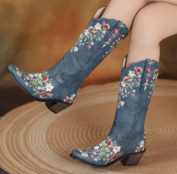 รองเท้าบูททรงคาวบอยสั้น ไซส์ 34-46 สีน้ำเงิน/น้ำตาลอ่อน/น้ำตาลเข้ม/เหลือง/ฟ้า