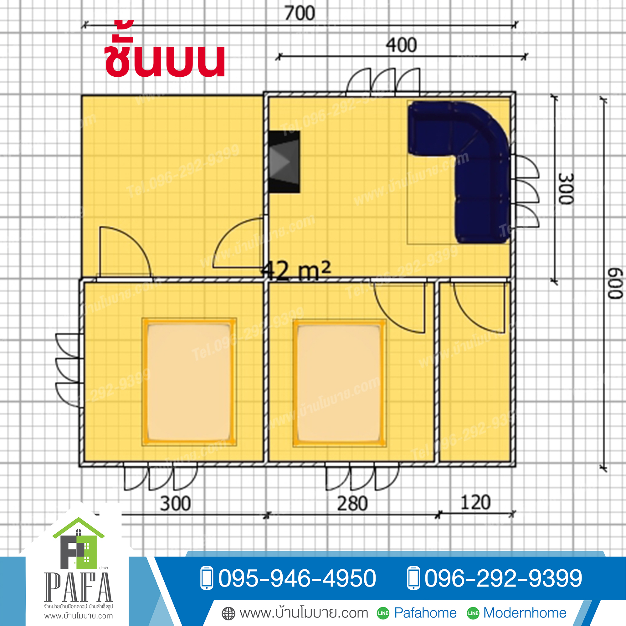 บ้านน็อคดาวน์ขนาด 7*6 เมตร (4ห้องนอน 2ห้องน้ำ 1ห้องรับเเขก 1ห้องครัว)