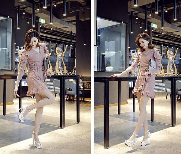 รองเท้าส้นสูงคัดชูเปิดหน้าผ้าลูกไม้สีดำ/ขาว/ชมพู ไซต์ 34-39