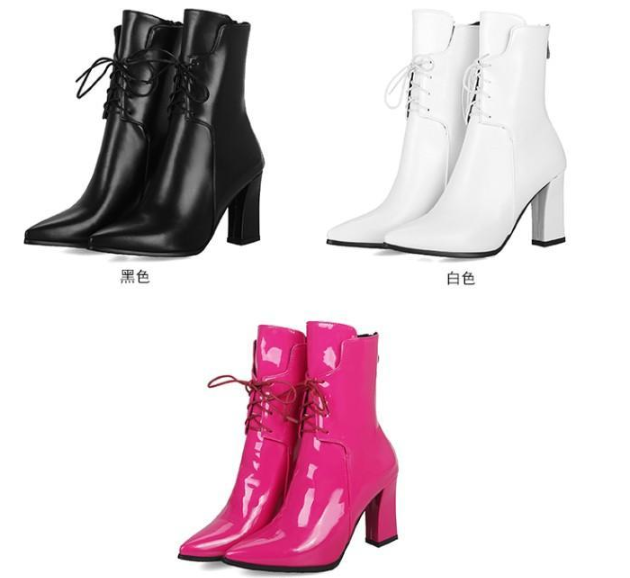 รองเท้าบูทส้นสูงปลายแหลมสีดำ/ชาว/ชมพู ไซต์ 34-43