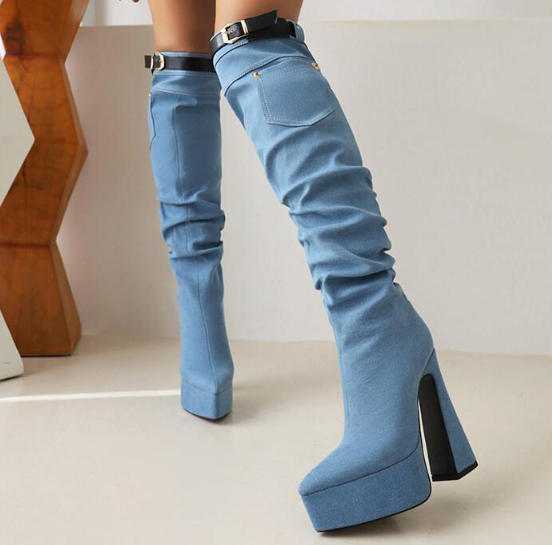 รองเท้าบูทยีนส์ยาวเลยเข่า ไซส์ 34-43 สีดำ/ฟ้า/น้ำเงิน