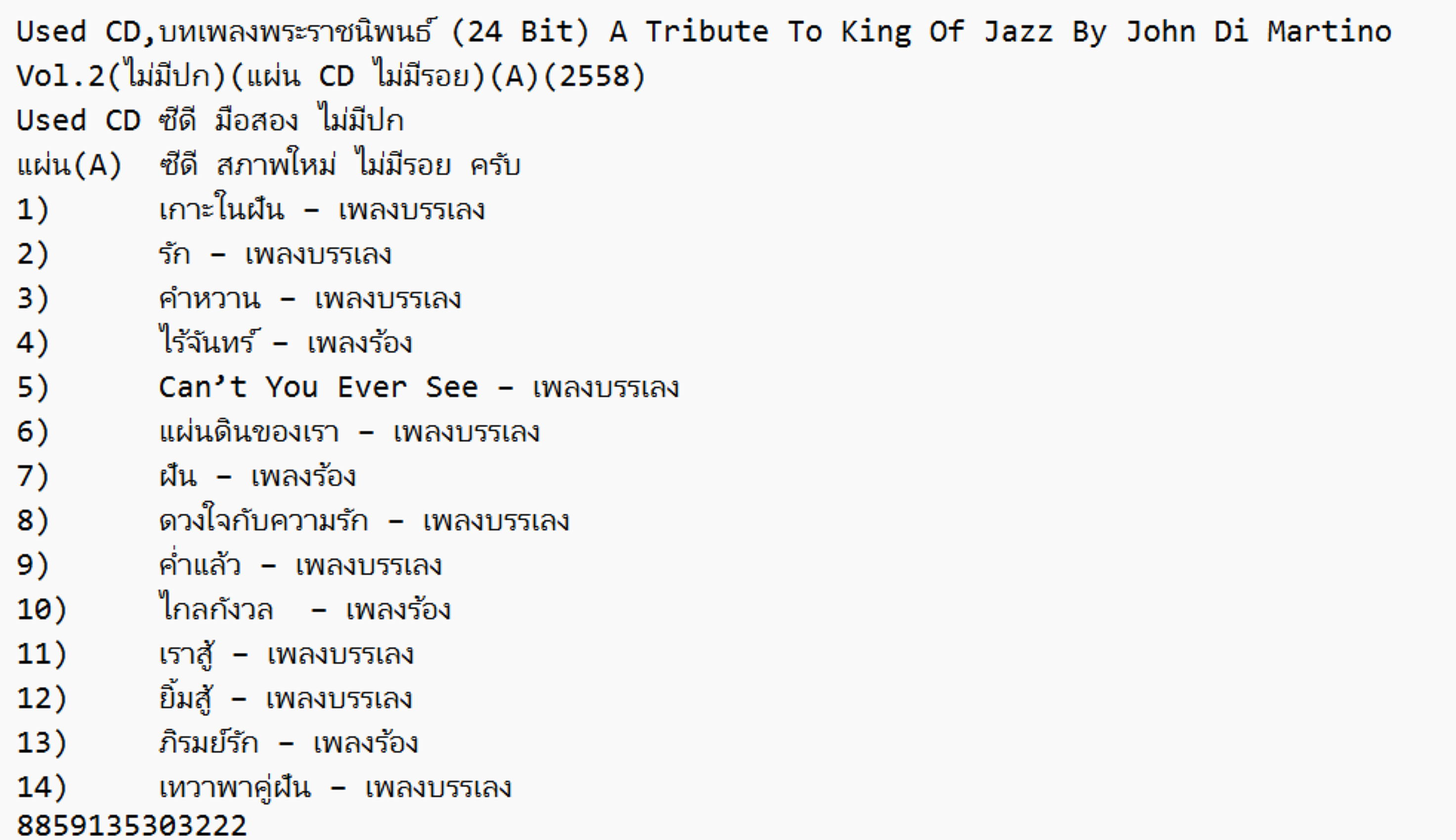 Used CD,บทเพลงพระราชนิพนธ์ (24 Bit) A Tribute To King Of Jazz By John Di Martino Vol.2(ไม่มีปก)(แผ่น CD ไม่มีรอย)(A)(2558)